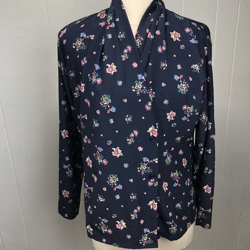 Pendleton Double Breasted Blouse Size LP 12 Petite Floral Shoulder Pads Navy - Picture 2 of 10